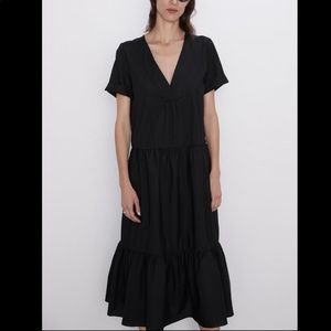 Zara Classic Black V-Neck Midi Dress